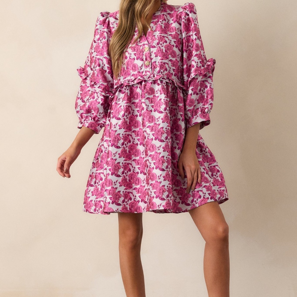 Red Dress Waves of Roses Pink Floral Puff Sleeve Mini Dress Size LL / Pink